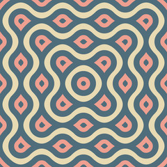 Entangled lines and dots forming middle eyes seamless vector geometry pattern in modern, stylish, minimal fashion. Abstract tiles repeat endlessly to create perfect pattern, wallpaper, or background.