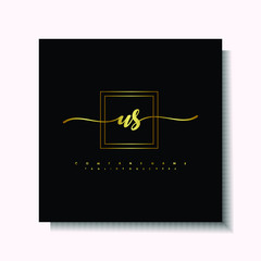 Letter handwriting U, US. in the box line gold colored, black background. Font and Gold Box line luxury. Vector logos for business, fashion, name cards, weddings, beauty, photography