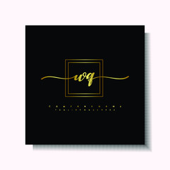 Letter handwriting W, WQ. in the box line gold colored, black background. Font and Gold Box line luxury. Vector logos for business, fashion, name cards, weddings, beauty, photography