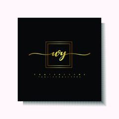 Letter handwriting W, WY. in the box line gold colored, black background. Font and Gold Box line luxury. Vector logos for business, fashion, name cards, weddings, beauty, photography