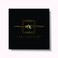 Letter handwriting W, WX. in the box line gold colored, black background. Font and Gold Box line luxury. Vector logos for business, fashion, name cards, weddings, beauty, photography