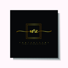 Letter handwriting W, WZ. in the box line gold colored, black background. Font and Gold Box line luxury. Vector logos for business, fashion, name cards, weddings, beauty, photography