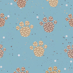 Cute Pattern with Golden dog paws with pastel blue stripes on beige background with tiny dots. Hand Drawn Design.