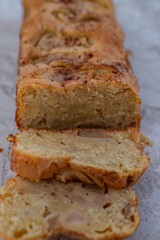 home made freshly baked pear cinnamon cake on a table