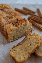 home made freshly baked pear cinnamon cake on a table