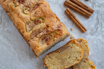 home made freshly baked pear cinnamon cake on a table
