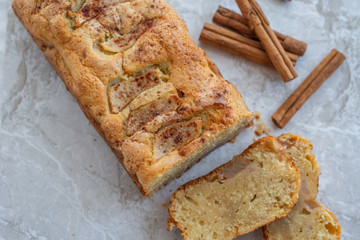 home made freshly baked pear cinnamon cake on a table