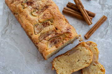 home made freshly baked pear cinnamon cake on a table