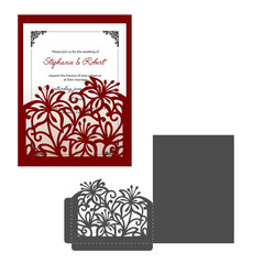 Laser cut template of wedding invitation with lilies. Pocket envelope for greeting card with floral ornament. Fold lace decor panel with flower openwork vector silhouette. Die cut for Valentine's day.