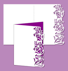 Laser cut template of wedding invitation with lilies. Mockup of greeting card with floral ornament. Fold lace decor for Valentine's day. Die cut border. Flower openwork vector silhouette for envelope.