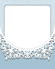 Wedding invitation or save the date card. Template of cutout paper. Ornamental frame with lace decoration on light blue background. Openwork vector silhouette. Vintage border is suitable for laser cut