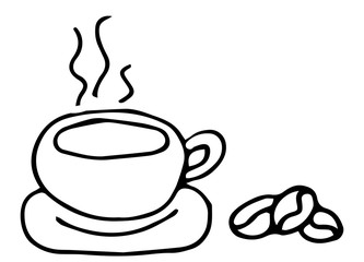 Hot coffee in a mug, coffee icon in hand drawn, doodle, sketch style isolated in white background for invitations, greeting cards, patterns.