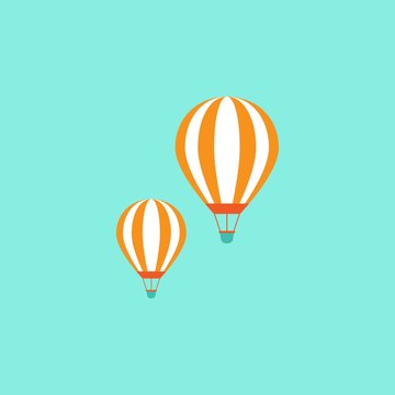Orange hot air balloons flying in the blue sky. Flat cartoon design. Vector background.
