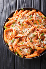 Italian penne pasta alla vodka topped with parmesan and parsley close-up in a plate. Vertical top view