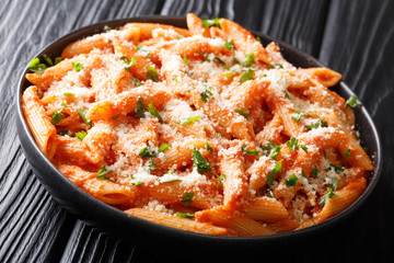 Penne Alla Vodka is thick and hearty pasta dish with a delicious creamy vodka tomato sauce close-up in a plate. horizontal