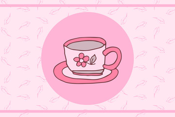 A hand-drawn tea Cup with saucer is isolated on a light pink circle and an ornament of delicate contours of tea leaves. Label design for packaging or menu