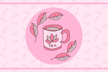 Tea mug with tea and a round frame of tea leaves on a light pink background. The template for the label or design of a cafe