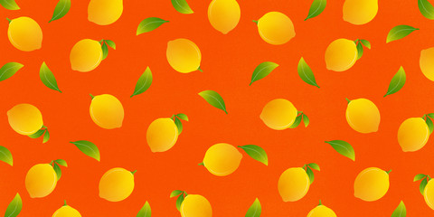Fresh lemon fruit with leaves, pattern with orange texture background illustration.