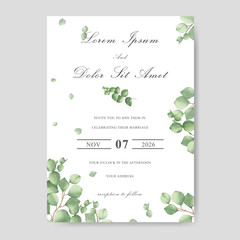 Elegant watercolor wedding invitation card with greenery leaves