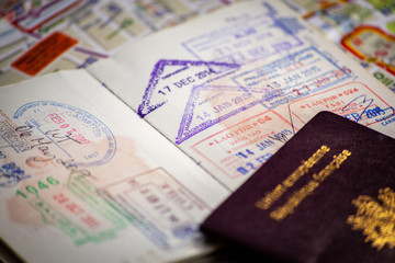 Stamps in a passport, travel life background