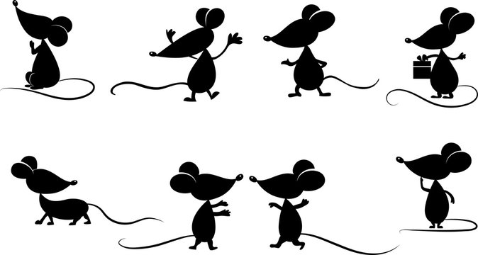 Set of hand-drawn mouse. Silhouette in cartoon style. Sign icon. Vector illustration.