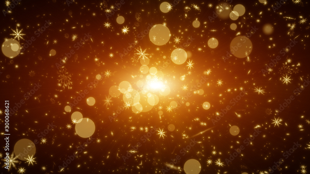 Poster snowflakes with light in particles. abstract golden background