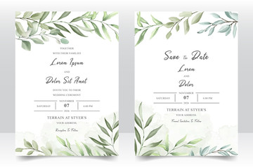Fototapeta na wymiar Elegant watercolor wedding invitation card with greenery leaves