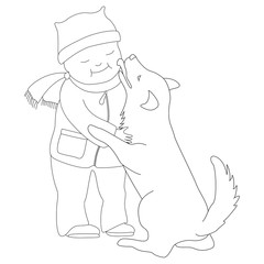 Fototapeta na wymiar The dog licks the cheek of a little boy. Devotion and love pets. Vector image in a linear style on white background.