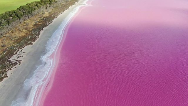 Aerial high angle drone view footage of Loch Iel, also called Pink Lake, near the village of Dimboola in Victoria, Australia. The pink color results from red pigment secreted by microalgae in summer.