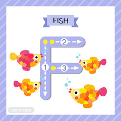 Letter F uppercase tracing. Colorful Fish swimming