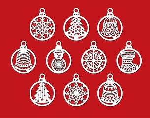 Set of laser cut template of Christmas balls with snowflake, bell, snowman, sock. Xmas tree decoration for paper cut out. Openwork silhouette with lace ornament. Vector illustration on red background.