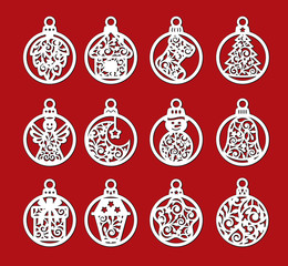 Set of laser cut template of Christmas balls with angel, bell, snowman, sock, gift. Xmas tree decoration for paper cutout. Openwork silhouette with lace ornament. Vector illustration on red background
