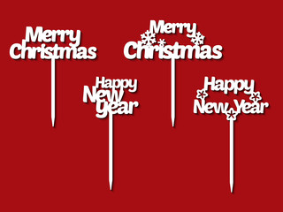Fototapeta premium Set of cake toppers. Laser cut template of Xmas decoration. Table sign with words Merry Christmas, happy New Year. Paper or wood cutout. Vector silhouette of text. Lettering isolated on red background