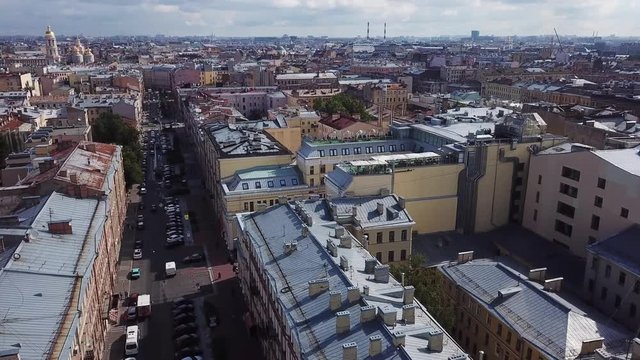 Aerial view of St. Petersburg Russia. Flying over the city center, Pravda street, Hermitage hotel on a summer day.