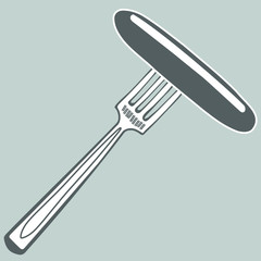  fork with a sausage on it, monochrome illustration in gray-blue tones in vintage style