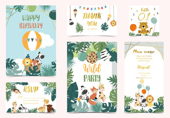 Collection of safari background set with giraffe,balloon,zebra,leopard.Vector illustration for birthday invitation,postcard and sticker.Wording include wild party.Editable element - obrazy, fototapety, plakaty