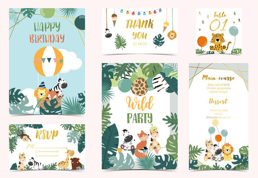 Collection of safari background set with giraffe,balloon,zebra,leopard.Vector illustration for birthday invitation,postcard and sticker.Wording include wild party.Editable element © piixypeach