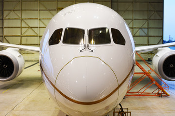 Front of a 787 aircraft in a hangar