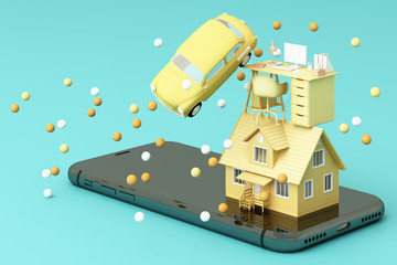 A house and vintage car and working table on the phone in yellow and green color. 3D rendering