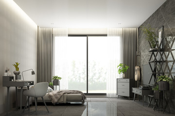 Scandinavian style grey room interior with tv cabinet on the wall and working table, wooden bed with pillows and blanket, cabinet and armchair. 3d rendering