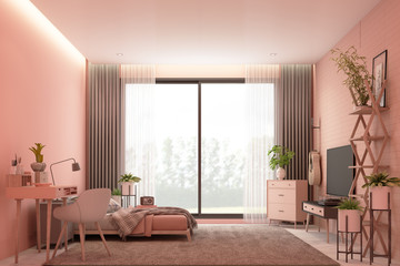 Scandinavian style pink room interior with tv cabinet on the wall and working table, wooden bed with pillows and blanket, cabinet and armchair. 3d rendering