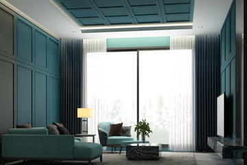 Interiors image scene design of green tone Modern luxury living area with classical element detail wall decoration and furniture set. 3d rendering