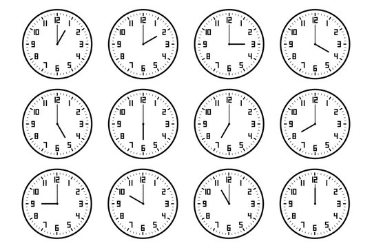 set of analog clock icon with number notifying each hour isolated on white