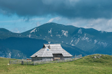 Obraz premium Traditional wooden cottage in village on Velika planina (Big Pasture Plateau) with mountains in background, Slovenia