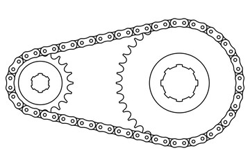 Chain drive. Roller chain and sprocket. Thin line vector