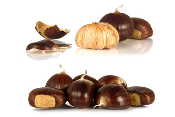 Collage. Group of sweet chestnuts isolated on white background