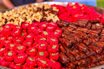 Bright appetizing oriental sweets. Close-up.