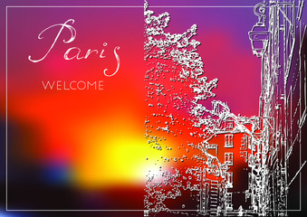 Sketch of Paris. Suitable for invitation, flyer, sticker, poster, banner, card, label, cover, web. Vector illustration.
