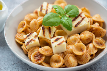 Orecchiette with sun dried tomato pesto, slices of grilled cheese and fresh green basil, closeup