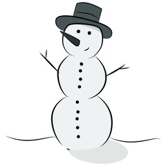 Snowman made of snow with hands made of branches in a hat. Cheerful snowman with a carrot nose.